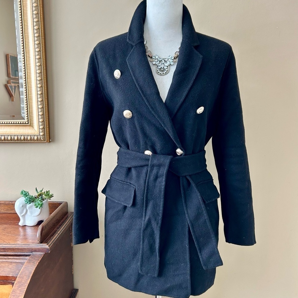 Maje Gabie Coat Double Breasted Wool Knit Blazer Jacket Belted Trench Size 36